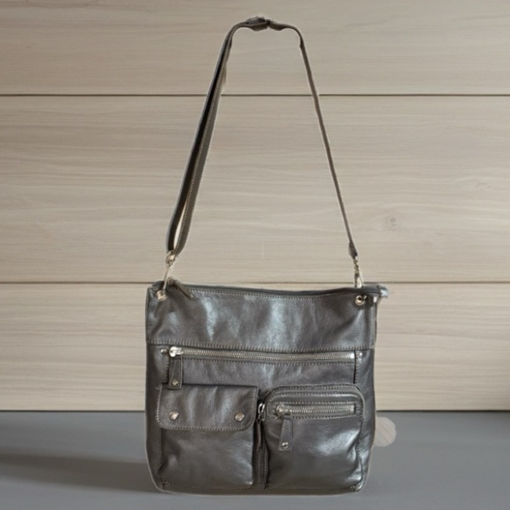Fossil Metallic Gray Leather Shoulder Bag